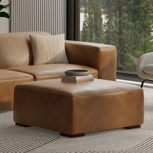 English Elm Rex Genuine Aniline Leather Ottoman Low Profile Living Room Footrest or Coffee Table B136P436948