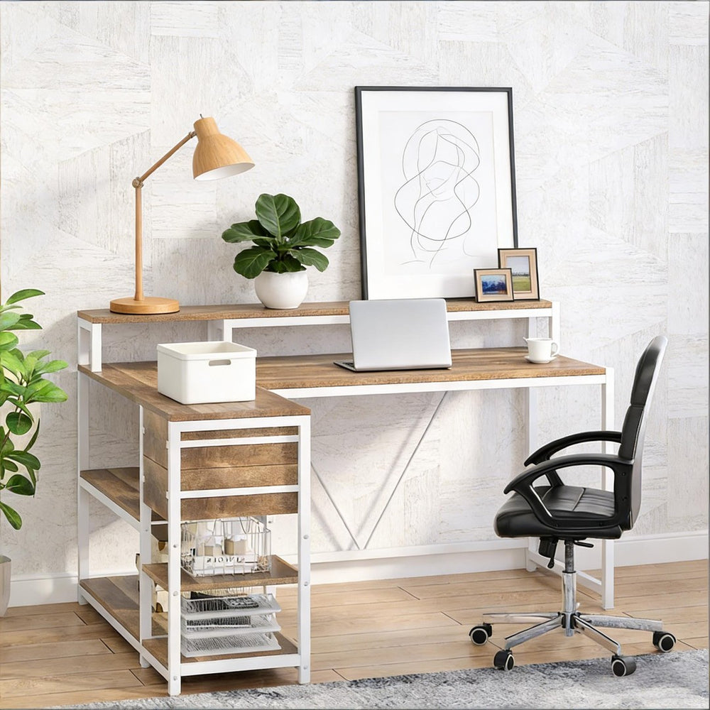 English Elm Writing Desk with Five Drawers Reversible Cabinet Home Office Vanity Workstation T3971P450851