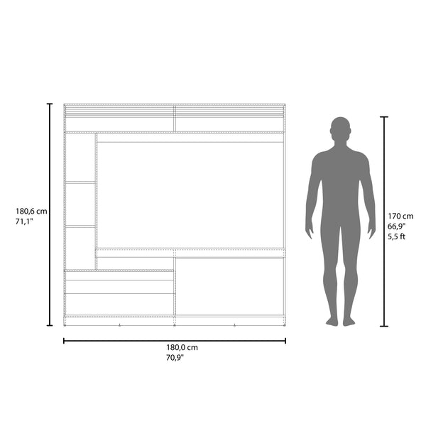 English Elm Dante 71" Wide Freestanding Entertainment Center with 8 Shelves, TV Stand, Bookcase & Cabinet in Dark Walnut B200S00415