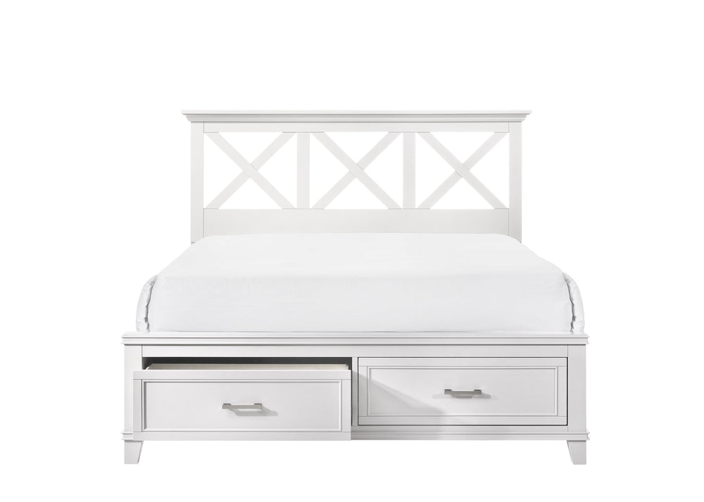 English Elm King Solid Wood Storage Bed with X Headboard, Poplar & Rubberwood Frame, Transitional Design Elegance White 84 L x 19.75 W x 17 H B2699S00028