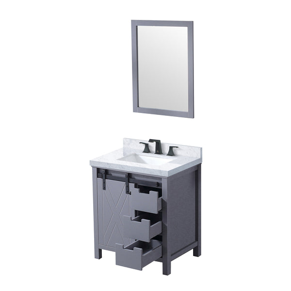 English Elm Dark Grey Bath Vanity Set With Carrara Marble Top, Matte Black Faucet & 28-Inch Mirror For Modern Spaces B2731S01273