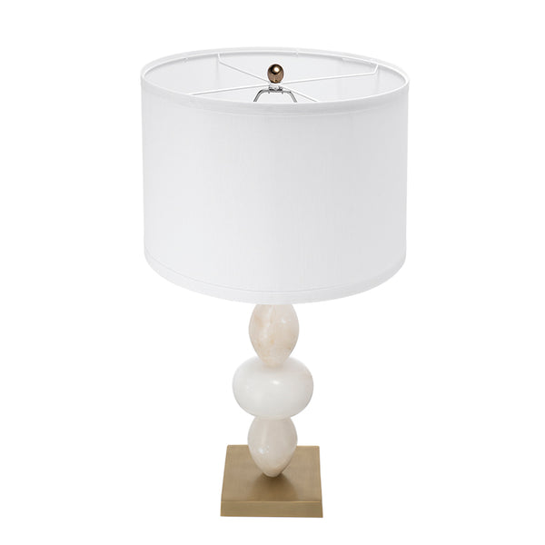 English Elm D14x26.3" White and Gold Three-Tier Round Table Lamp with Alabaster Accents and Drum Shade, 26.3" W2078P395820