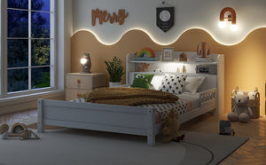 English Elm Full Pine Wood Bed with Bookcase Headboard and LED Motion Sensor Light, Guardrails & Storage Space White W504P277600