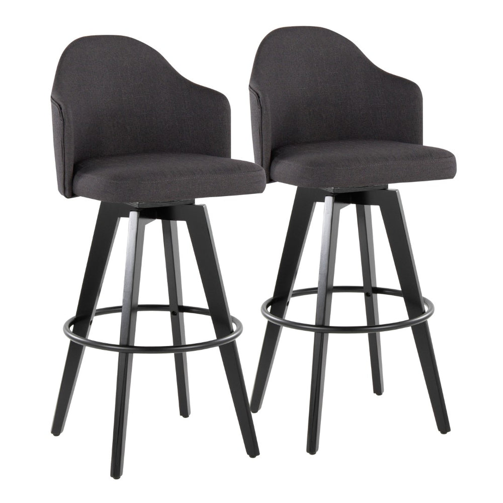English Elm Fixed-height Swivel Barstools Upholstered Grey Fabric Black Wood Legs Kitchen Set of 2 Charcoal B202S01867