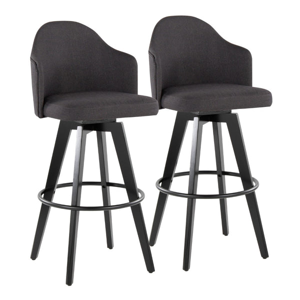 English Elm Fixed-height Swivel Barstools Upholstered Grey Fabric Black Wood Legs Kitchen Set of 2 Charcoal B202S01867