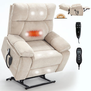 English Elm Beige Chenille Power Lift Recliner Dual Motor Massage Heat 350 Lb Capacity Beige W1803P264021