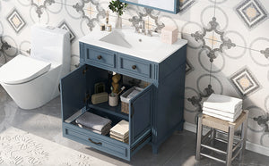 English Elm 30'' Bathroom Vanity with Sink - Retro Solid Wood Frame, Ceramic Basin, Soft-Close Doors & Ample Storage Blue N710P190656C