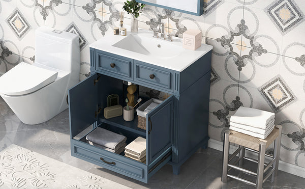 English Elm 30'' Bathroom Vanity with Sink - Retro Solid Wood Frame, Ceramic Basin, Soft-Close Doors & Ample Storage Blue N710P190656C