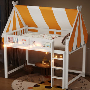 English Elm Full Size Solid Wood Loft Bed with Canopy Led Lighting and Integrated Bookshelf White N7090002242K