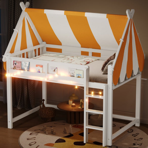 English Elm Full Size Solid Wood Loft Bed with Canopy Led Lighting and Integrated Bookshelf White N7090002242K