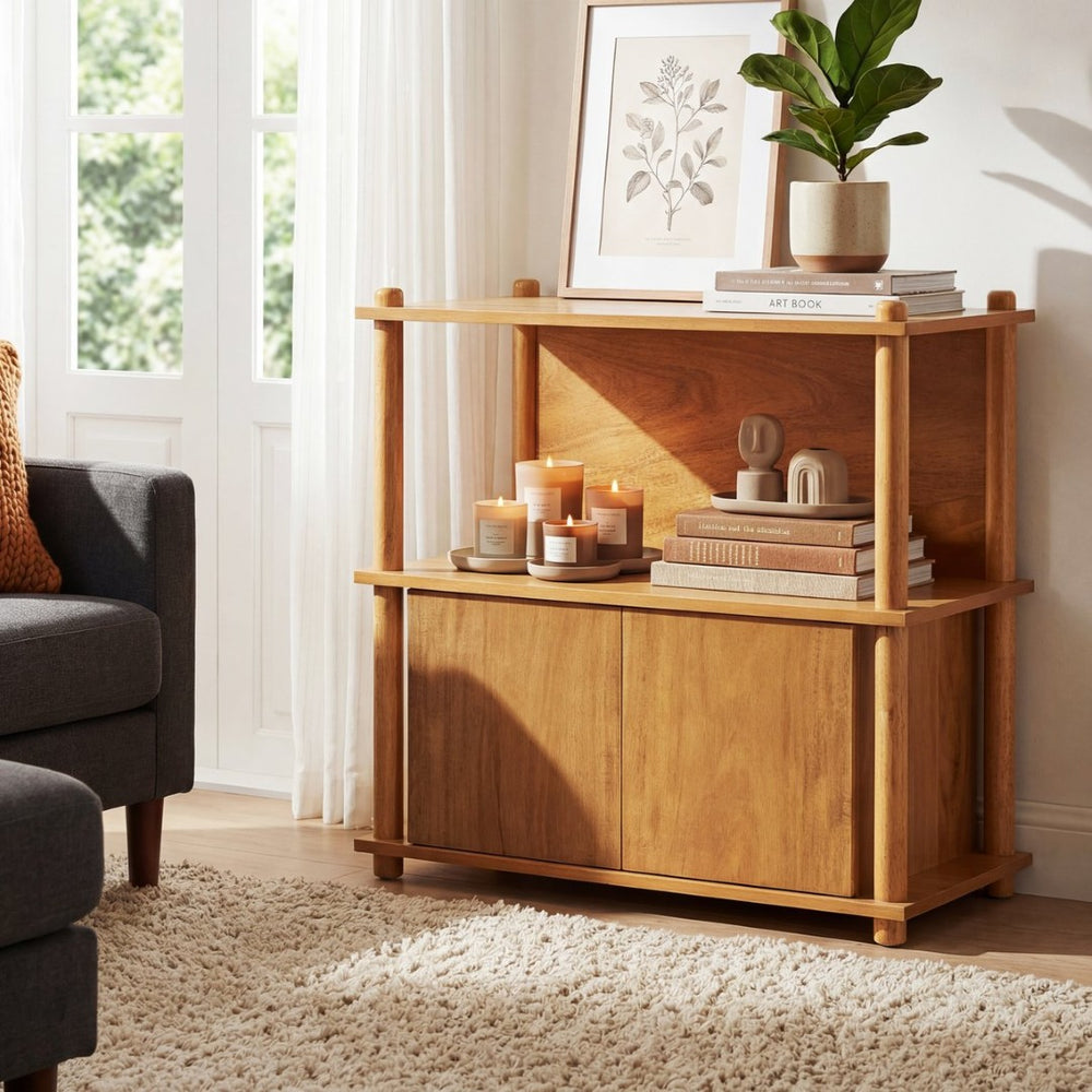 English Elm Wood Grain Nightstand with Open Shelves and Cabinet for Modern Bedroom Storage N758P404669N