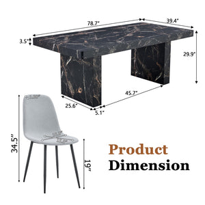 English Elm Table and Chair Set 7 Piece Marble Pattern Mdf Top with Linen Dining Seats Black,Light Gray W1151S03920
