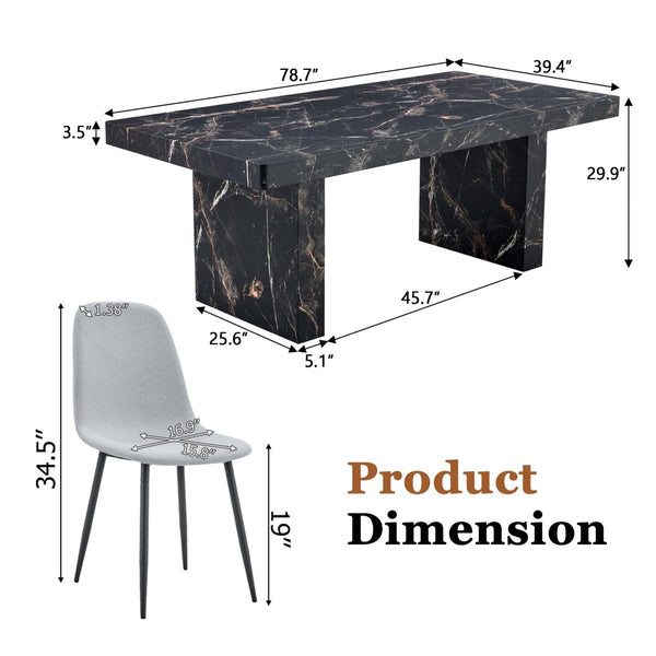 English Elm Table and Chair Set 7 Piece Marble Pattern Mdf Top with Linen Dining Seats Black,Light Gray W1151S03920