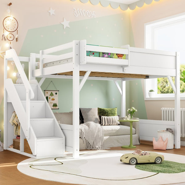 English Elm Twin Low Loft Bed Solid Pine Frame Kids Study Desk Blackboard Storage White Light White W1580S00468