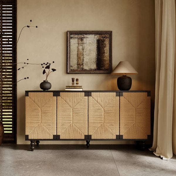 English Elm Accent Coastal Sideboard with Handwoven Seagrass Doors and Wire-brushed Wood Finish W2263P395490