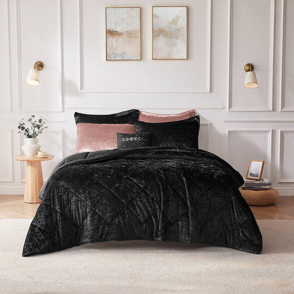 JLA Home Intelligent Design - Velvet Crushed Duvet Cover Set with Quilted Diamond Texture, Button Closure and Decorative Pillow Black ID12-1945