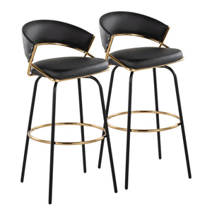 English Elm Jie Contemporary Barstool Set Of 2 With Swivel, Gold Metal Footrest & Black Faux Leather Elegance B202S00608