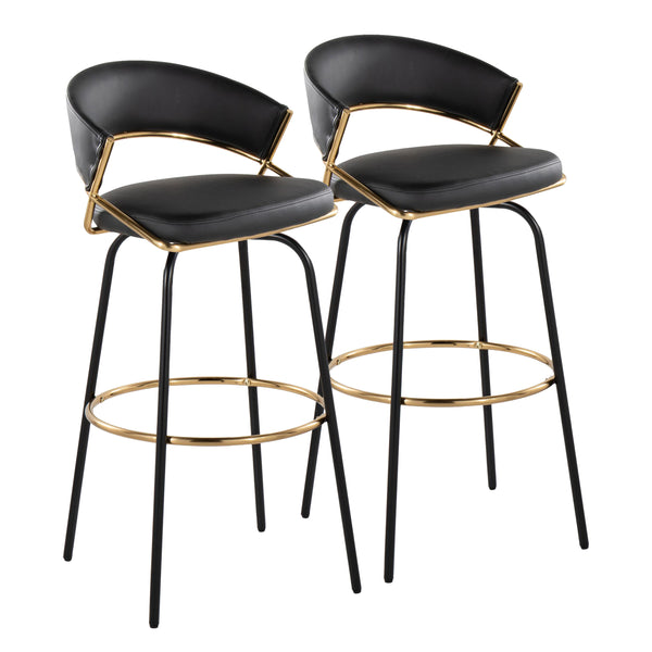 English Elm Jie Contemporary Barstool Set Of 2 With Swivel, Gold Metal Footrest & Black Faux Leather Elegance B202S00608