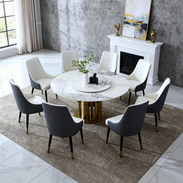 English Elm 59" Round Sintered Stone Dining Table with Lazy Susan Seats 6 Modern Minimalist W2699S00098