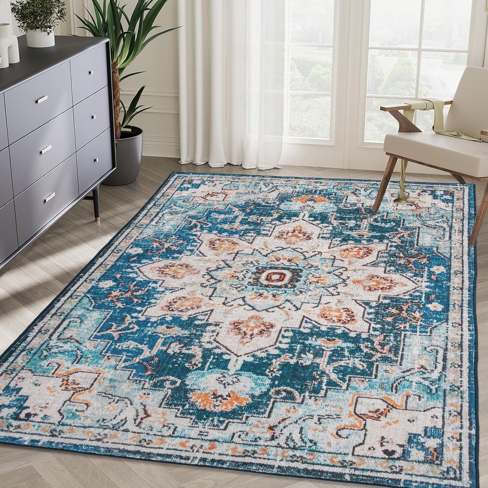 English Elm Area Rug 6X9 Vintage Bohemia Floral Design In Blue/Gold – Non-Slip, Washable For Living Spaces W2907P265141