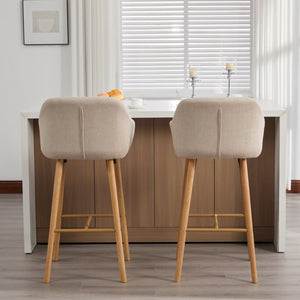 English Elm Modern Linen Upholstered Barstools with Oak Legs Armrests and Footrest for Kitchen Islands Beige W395P396313