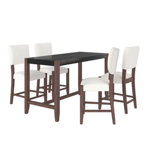 English Elm 5-Piece Counter Height Dining Set with Faux Marble Top and Upholstered Seats, Mid-Century Pub Charm Black+Beige N752S000086D