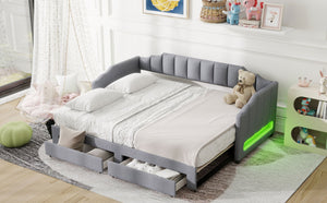English Elm Twin Extendable Upholstered Daybed with Two Storage Drawers, LED Light, Slat Kit Included for Guests Gray N7500002061E