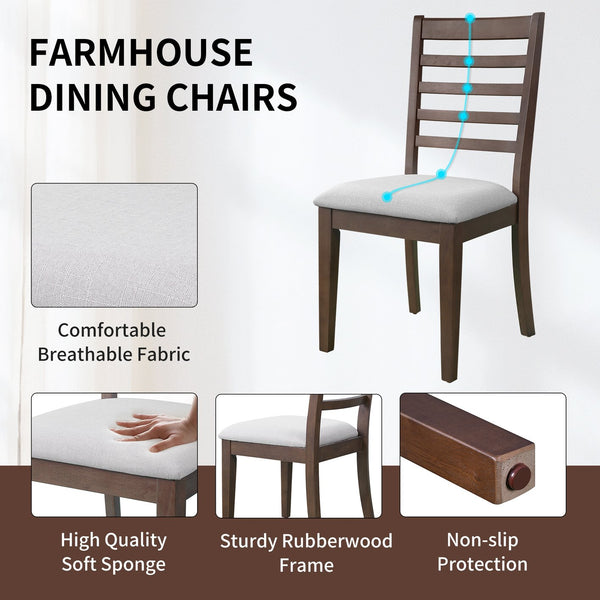 English Elm 7 Extendable Dining Table Set with 18" Leaf and 6 Upholstered Chairs — Rustic Farmhouse 60–78" Wood Veneer Table Brown N752S000090D