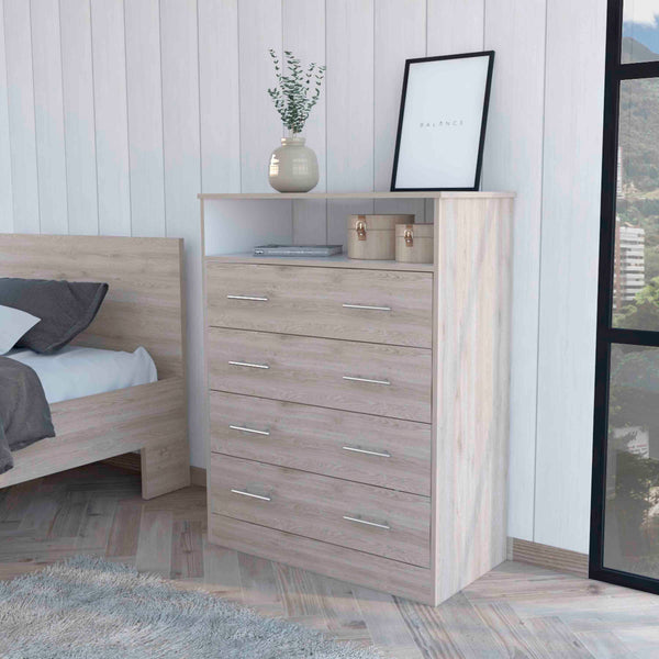 English Elm Lagos Four Drawer Dresser with Spacious Open Shelf and Superior Top, Light Grey Finish, Modern Storage Solution Multicolor 47 L x 22 W x 4 H B128S00097
