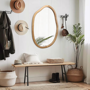 English Elm Irregular Asymmetrical Wall Mirror 32x22 Antique Natural Wood Frame Wavy Accent for Bright Modern Spaces W2295P290654