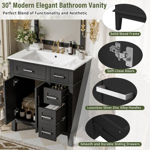 English Elm 30" Freestanding Bathroom Vanity Ceramic Sink Soft Close Cabinet Gray Wood Frame Black N729P427118B