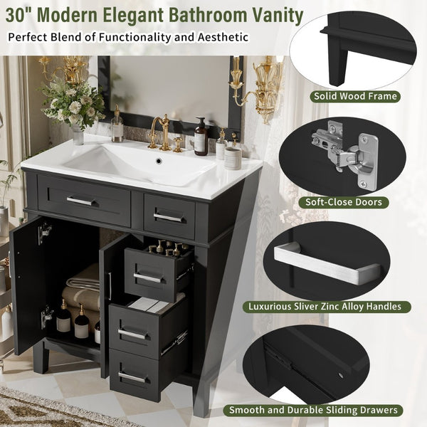 English Elm 30" Freestanding Bathroom Vanity Ceramic Sink Soft Close Cabinet Gray Wood Frame Black N729P427118B