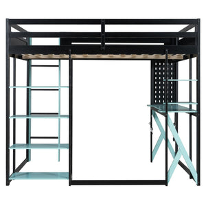 English Elm Full Size Loft Bed with Rgb Lighting Chevron Desk Usb Charging Ports and Storage Shelves Black+Blue LT000286AAC