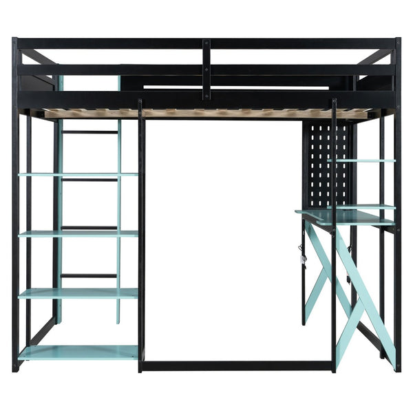 English Elm Full Size Loft Bed with Rgb Lighting Chevron Desk Usb Charging Ports and Storage Shelves Black+Blue LT000286AAC