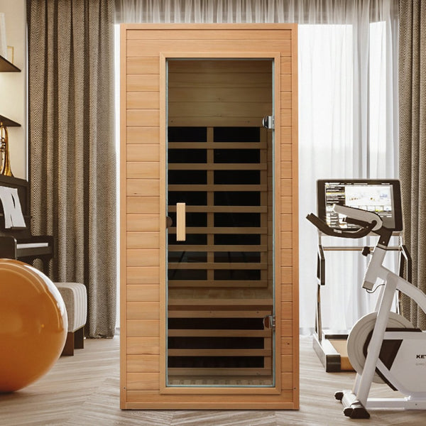 English Elm Hemlock Single Infrared Sauna with Roof Heaters Tempered Glass Door and Led Light W632S00011