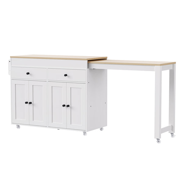 English Elm K&K 74.5" Kitchen Island with 27" Extendable Dining Table, 4-Door Storage, 2 Drawers, Rolling Cart Off White N707S000009W