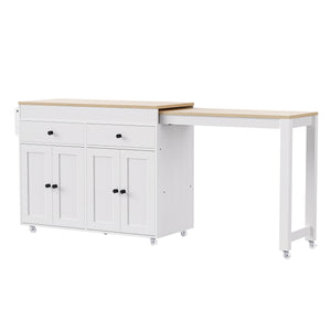 English Elm K&K 74.5" Kitchen Island with 27" Extendable Dining Table, 4 Doors, 2 Drawers, Spice Rack, Wheels Off White N707P333291W
