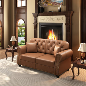 English Elm 63"upholstered Faux Leather Loveseat Mid-century Chesterfield with Tufting and Nailhead Detail Brown W1885S00425