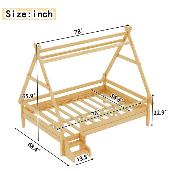 English Elm Twin House Shaped Platform Bed Solid Pine Frame with Built in Stairs for Kids Natural W1580P354721