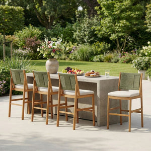 English Elm 4 Piece Outdoor Acacia Wood Wicker Bar Stools Set with Cushioned Patio Seating Cream,Green,Teak N773OB00132G