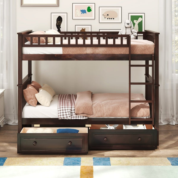 English Elm Twin Over Solid Pine Bunk Bed with Rolling Drawers and Convertible Platform GX000240AAP