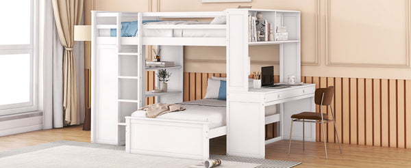 English Elm Full Twin Loft Bed with Desk Wardrobe Shelves Pine Wood Frame Kids Bedroom White LT000821AAK-1
