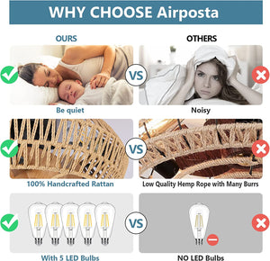 English Elm Rattan 5-Bulb Ceiling Fan Light with Remote, Dimmable LED, Reversible Quiet DC Motor, Timer Modes W2738P242331