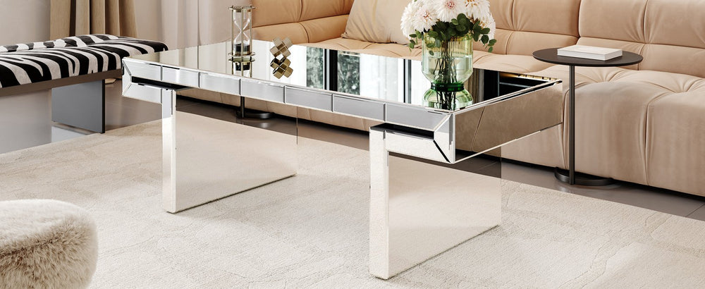 English Elm 47 Luxury Rectangular Mirror Coffee Table 47" x 23" Fluted Tempered Glass, Fold-Back Design, Glam Centerpiece W1445P299049