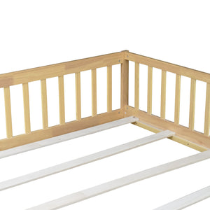 English Elm Queen Floor Bed with Safety Fence and Guardrails, Rubberwood Low Profile Platform for Kids Natural W504P286389