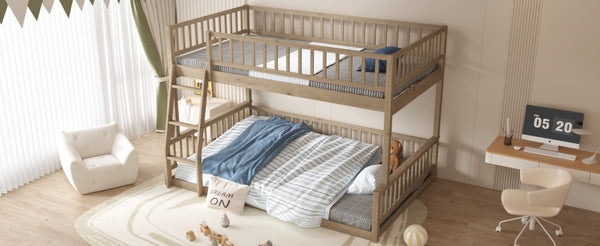 English Elm Full Xl Over Queen Bunk Bed Pine Frame with Guardrails Ladder and Slat Support Walnut GX000450AAD