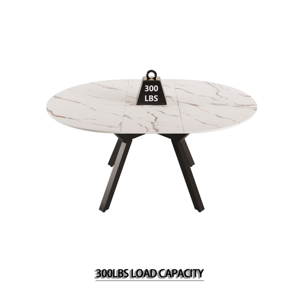 English Elm 47-63 Extendable White Round Dining Table for 4-6, MDF Top & Black Metal Legs, Modern Space-Saving Design W3732S00001