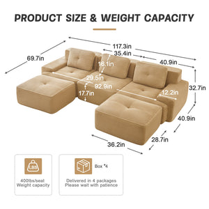 English Elm 117" Modern U-Shaped Modular Sectional Sofa With Movable Ottoman, Plush Camel Corduroy, Ergonomic Comfort W714S01469