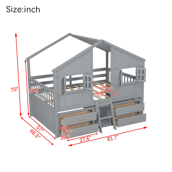English Elm Full Size House Loft Bed With Roof & Windows, 4 Storage Drawers, Safe Pine Frame In Grey Finish W504S00241