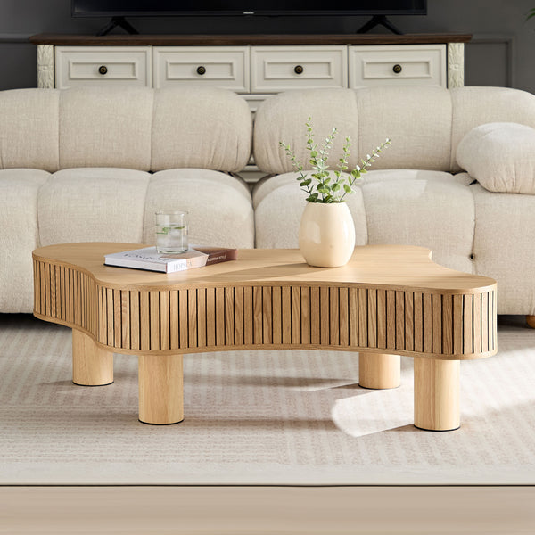 English Elm 42.52 Inch Modern Wooden Handcraft Drum Coffee Table with Irregular Shape, Sturdy Rubber Wood Legs, Easy Assembly Natural W2582P251209